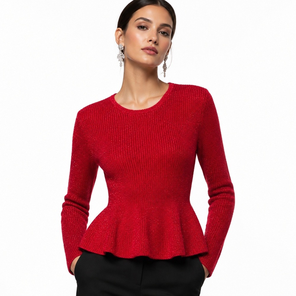 St.‎ John Santana Knit Peplum Sweater S Red Sparkle Coquette Luxury Designer NWT